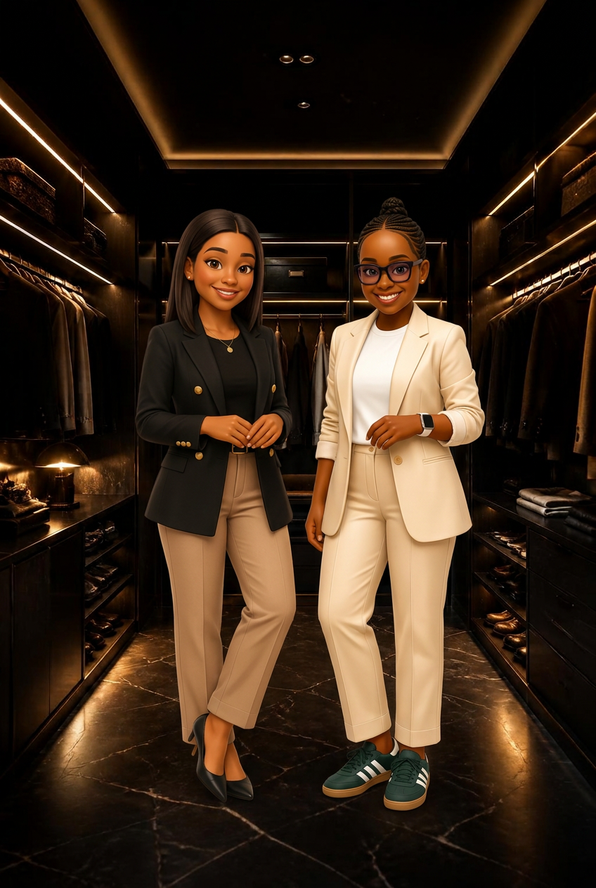 Leila and Mphoti, the digital founders of MOLEI, standing inside a warmly lit luxury walk-in wardrobe