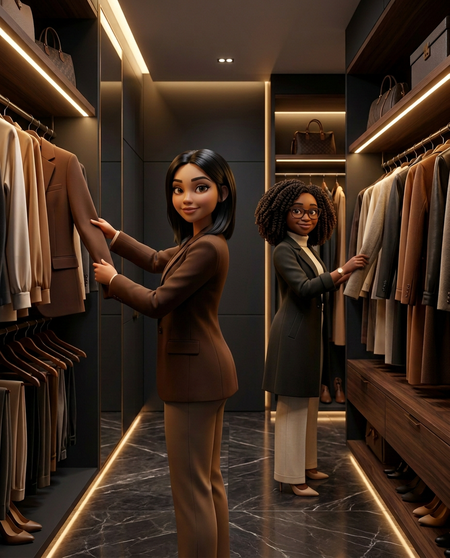 Leila and Mphoti, the digital founders of MOLEI, standing inside a warmly lit luxury walk-in wardrobe